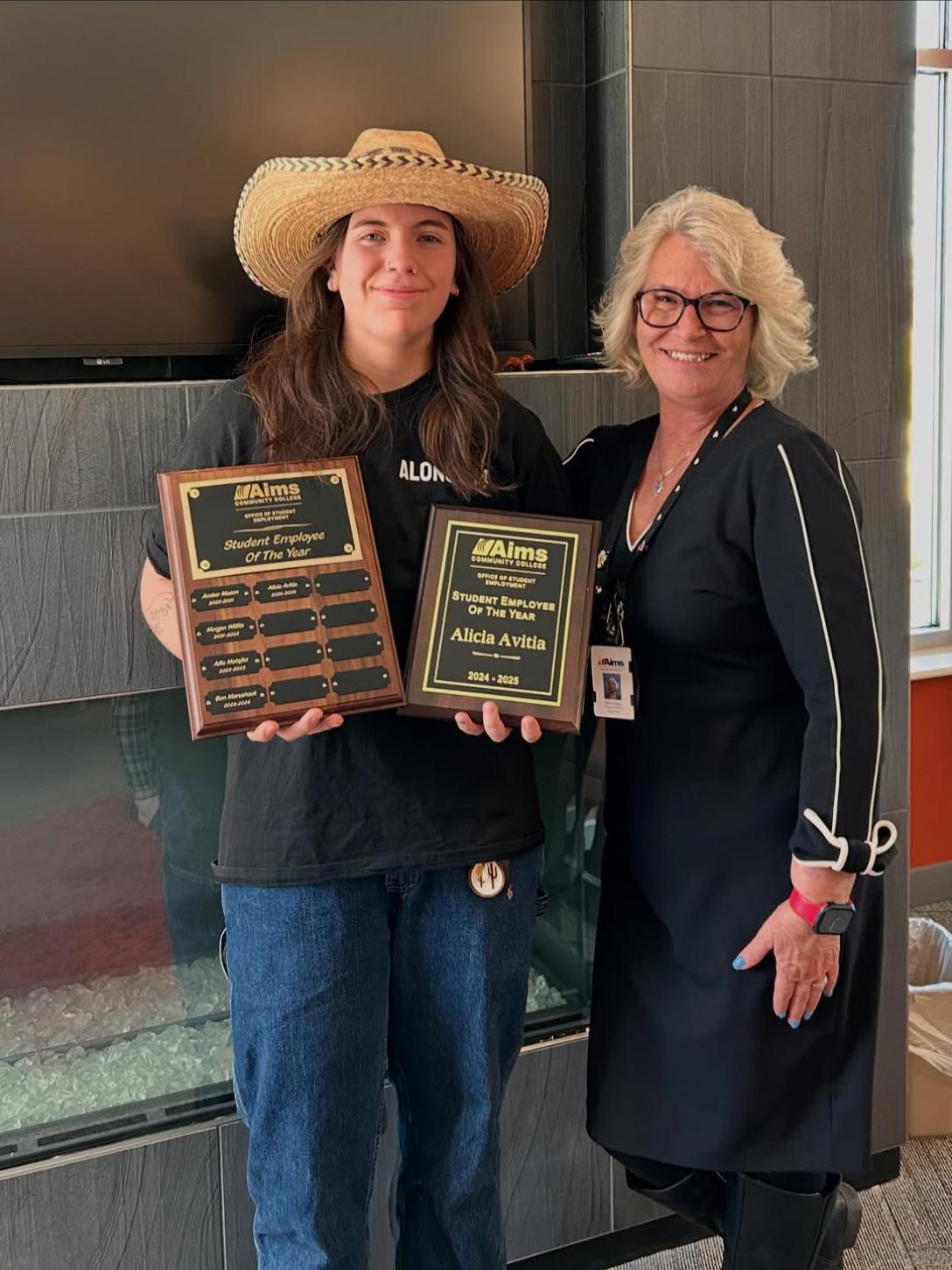 Alicia Avitia and Janet Chase with 2025 Student Employee of the Year Award.