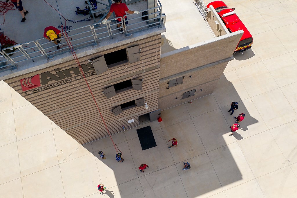 A view from the top of the tower while Aims fire science Xplore Academy students train at the Aims Public Safety Institute