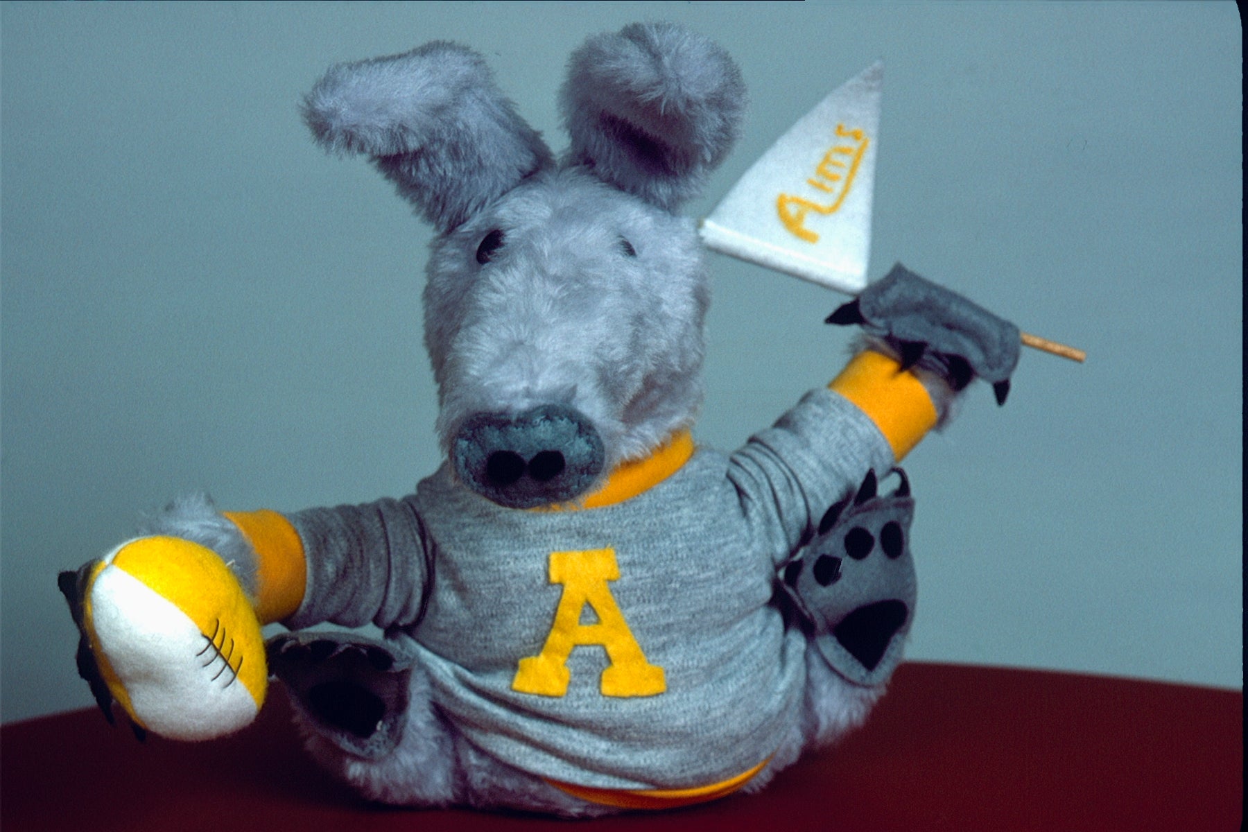 A stuffed toy Arty the Aardvark, the original mascot for Aims Community College