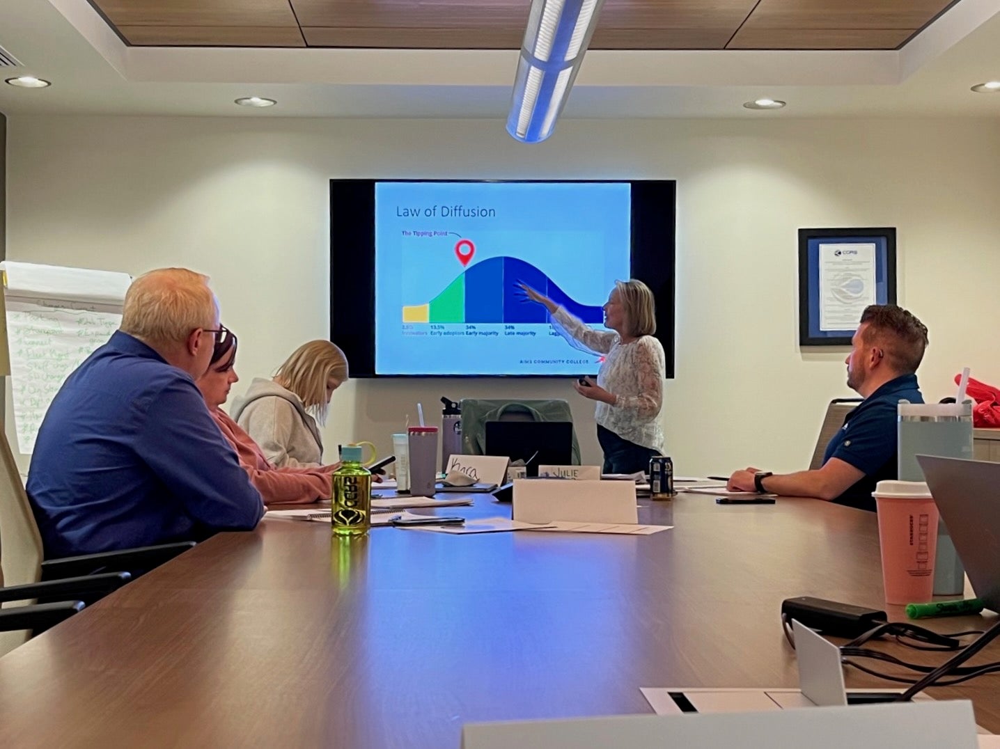 people sitting at conference table listening to presentation by woman standing in front of bright projector screen