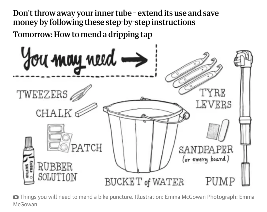 How to mend a bike inner tube. A long description is adjacent to the image.