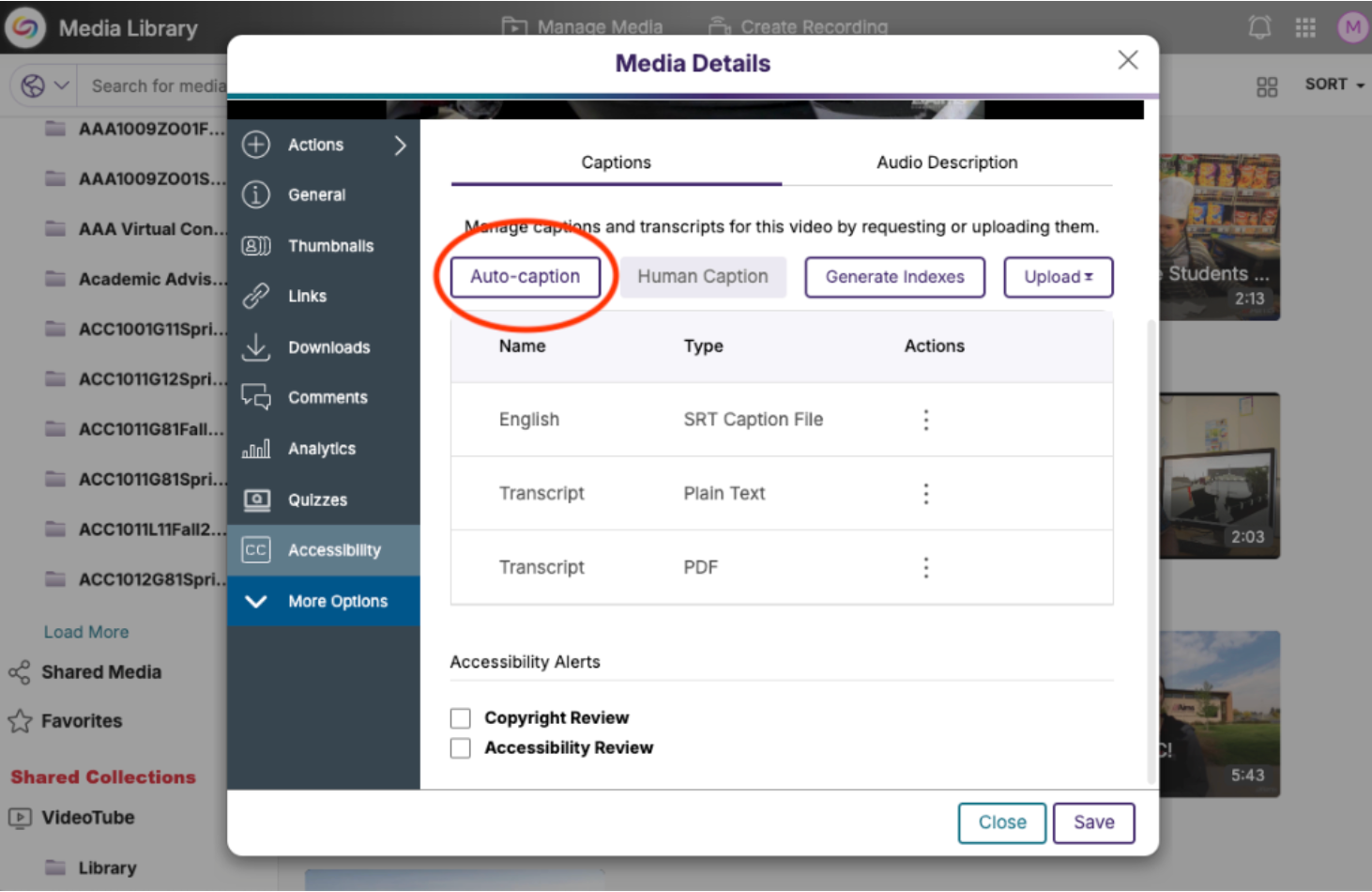 Media Details auto-captioning set to default.