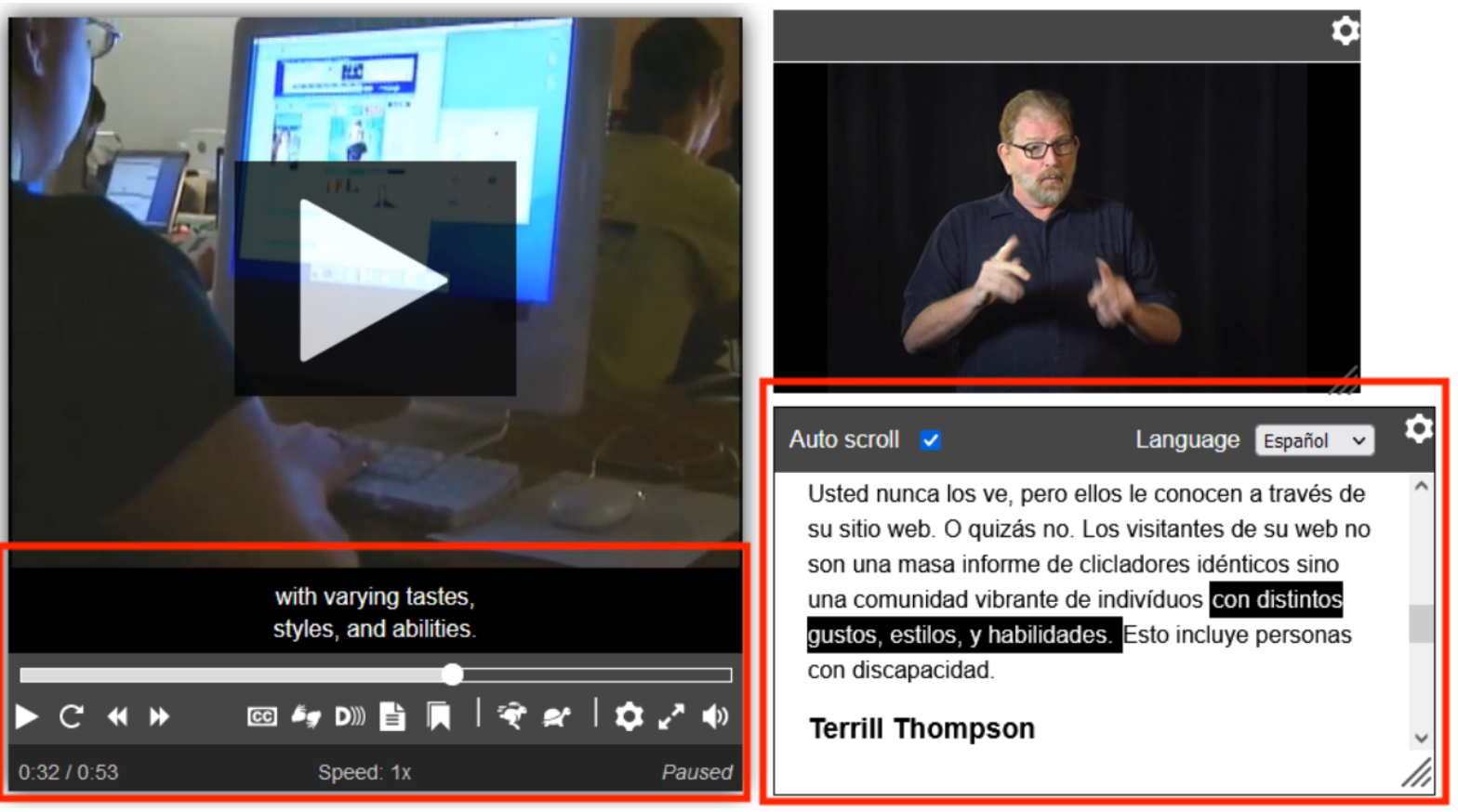 Able player media player with interactive transcript and audio descriptions