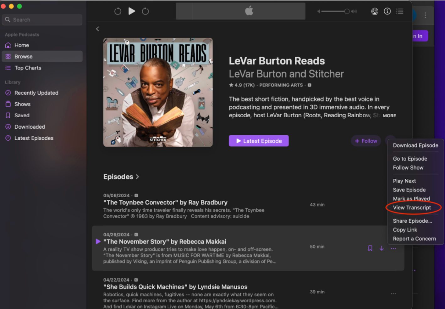 LeVar Burton Reads podcast example with transcript
