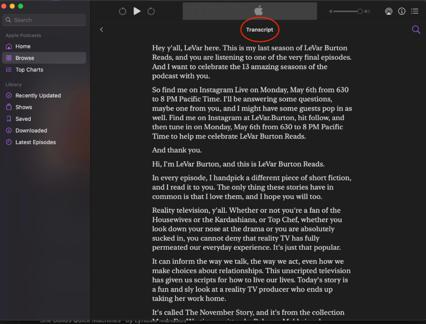 LeVar Burton Reads podcast transcript file