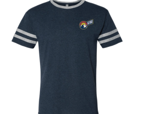 Navy t-shirt with light grey stripes on the sleeves.