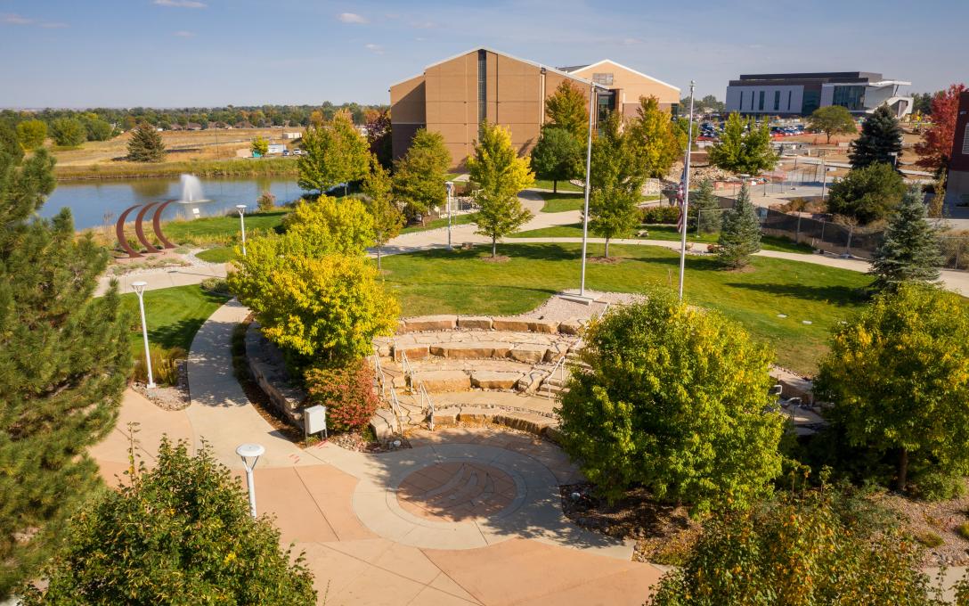 An aerial view of the outdoor classroom on the Aims Community College Greeley campus