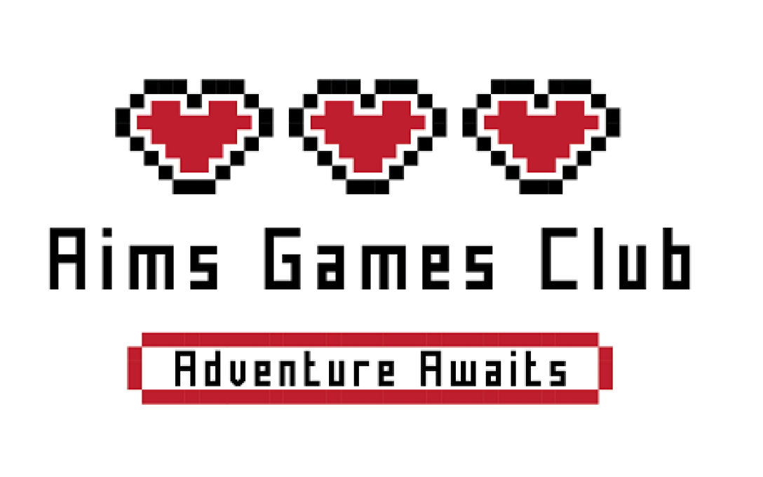 Aims Games Club logo. 3, 8-bit hearts above the words Aims Game Club, which is then above the words Adventure Awaits.