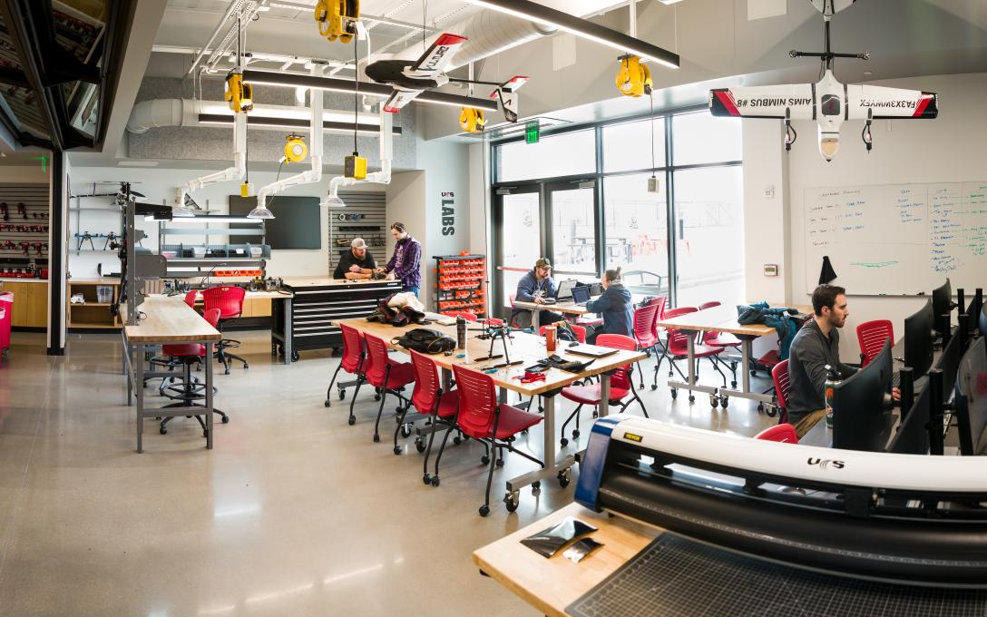 Students working in the UAS drone lab on the Aims Windsor Campus