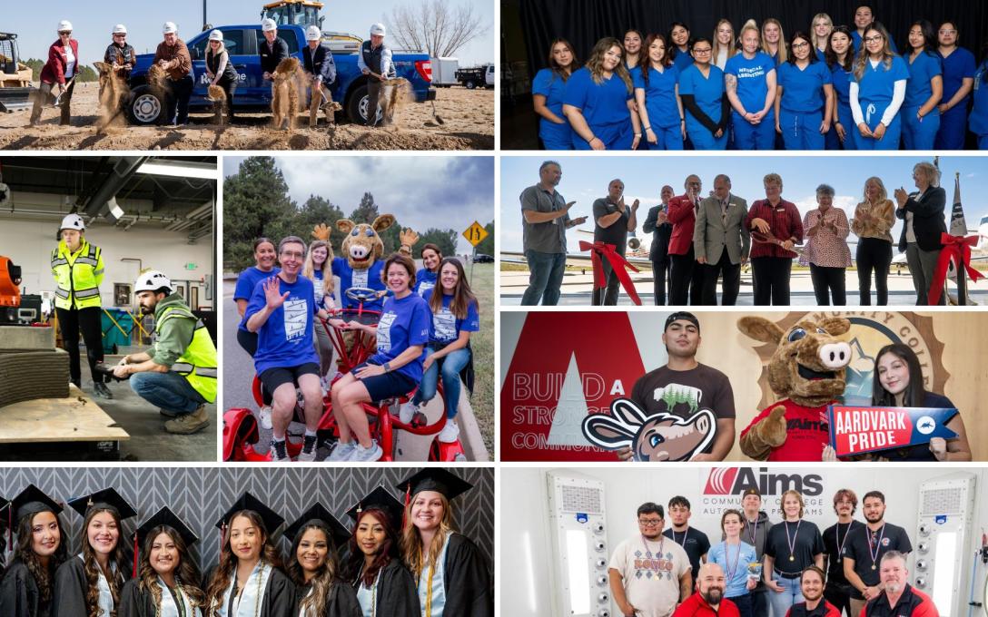 Collage of Aims people and news stories