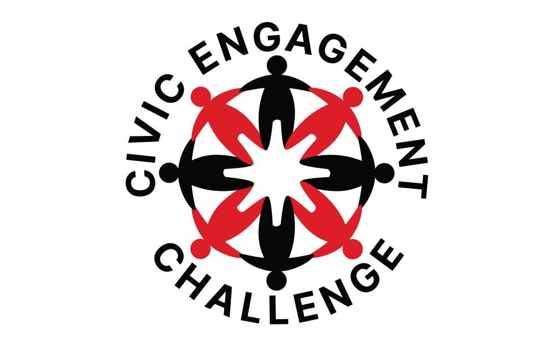 Icon for the Civic Engagement Challenge featuring stick people icons holding hands in a circle with alternating red and black colors and the words Civic Engagement Challenge around them.