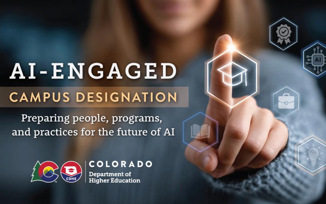 AI Engaged Campus person pointing to connect with screen