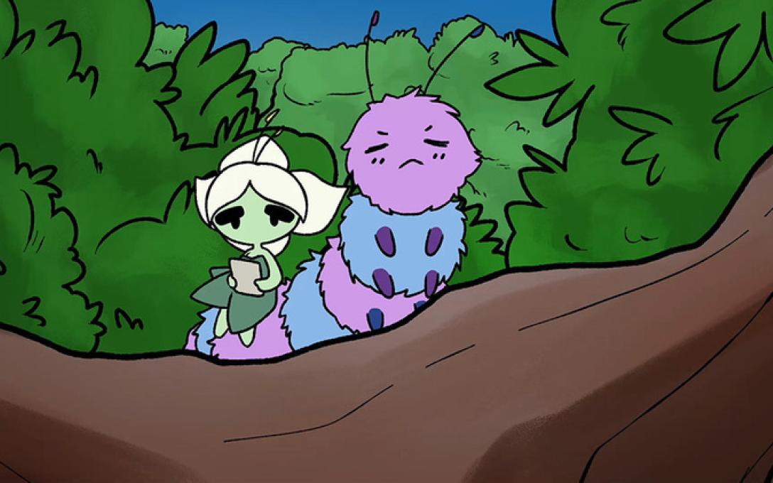 Animation artwork of two bugs sitting on a log