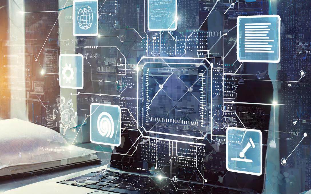 An illustration of a computer sits on a table. The screen is dark but floating in front of it are transparent blue boxes featuring things AI can do like create text or search the internet. These boxes all link back to the computer through thin white lines