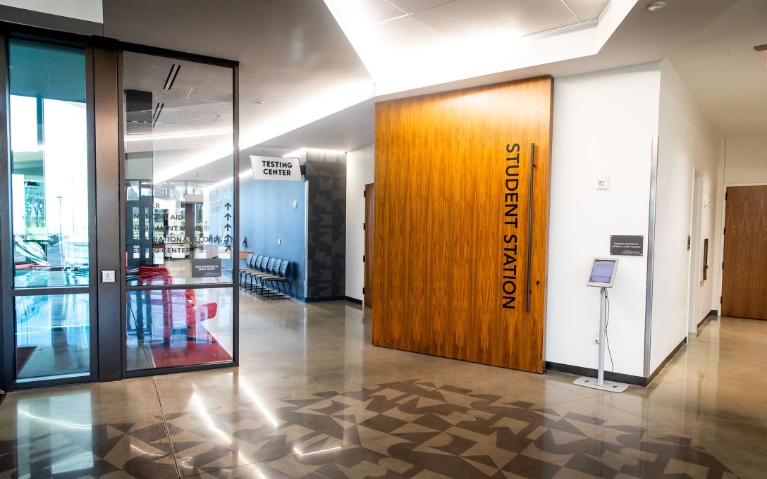 Exterior of the Student Station where students can access a variety of services.