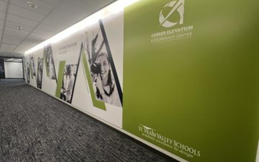 St. Vrain Valley Career Elevation & Technology Center interior hallway showing school logo