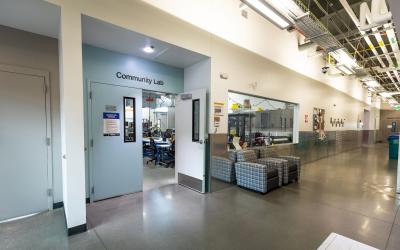 Exterior door of the Community Lab located in the ATTC building.