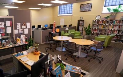 The Library Services area inside the Learning Commons at the Loveland Campus.