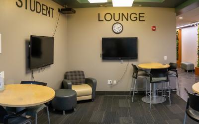 Seating in the student lounge in the Platte Building on the Aims Fort Lupton Campus