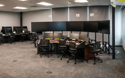 The ATC Tower Lab includes computers, simulators, and other stations.