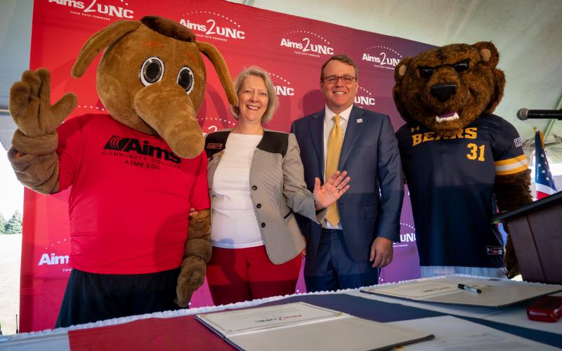 Arty the Aardvark and Klawz the Bear at an Aims2UNC kickoff event in 2019