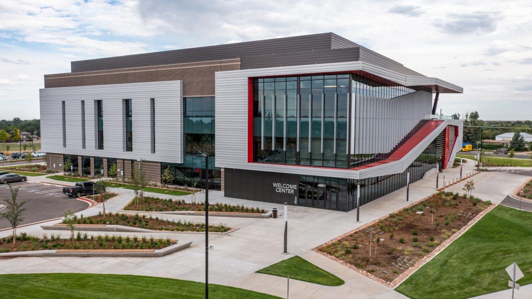 Aims Welcome Center aerial on Greeley campus