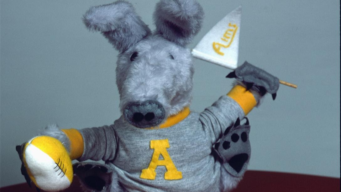 A stuffed toy Arty the Aardvark, the original mascot for Aims Community College