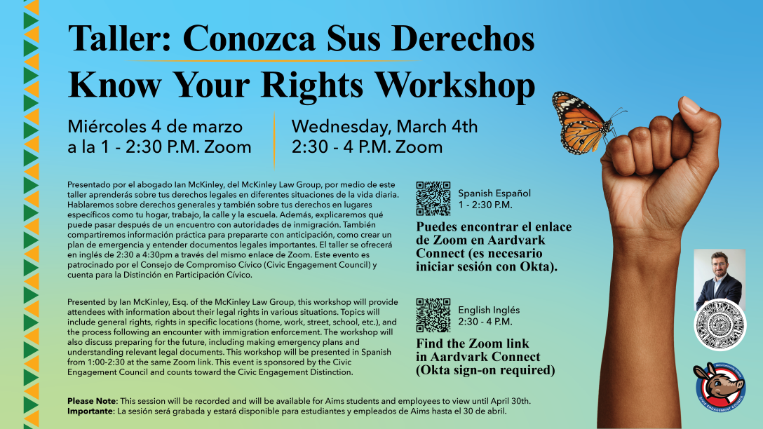 Blue green gradient background and yellow and green triangle design on the left edge. A raised fist on the right has a monarch butterfly perched on it. Icons in the lower right of the Civic Engagement Council, McKinley Law Group logo and lawyer photo.