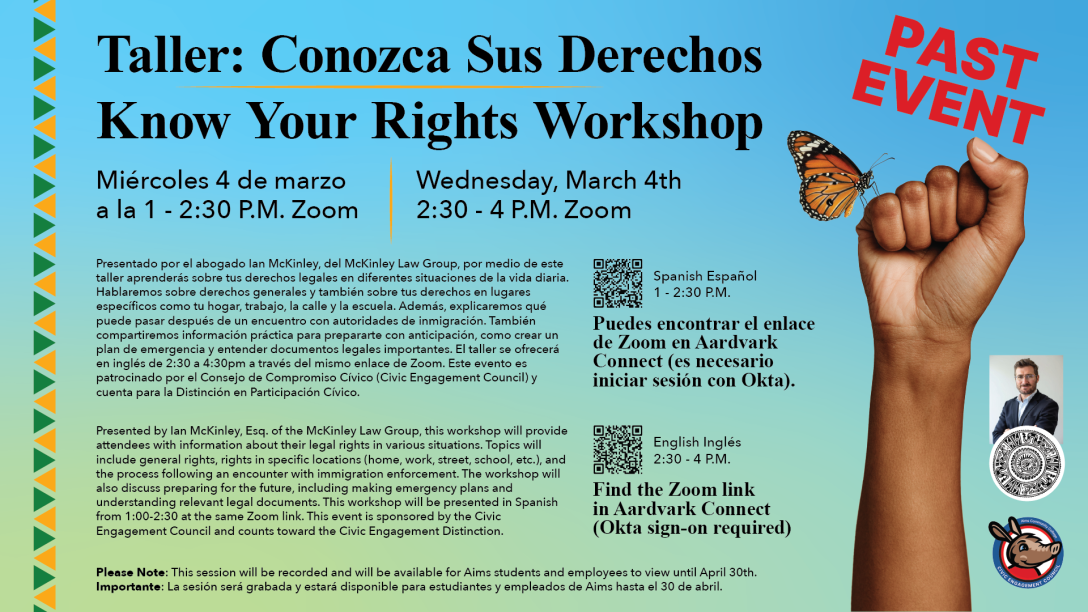 Blue green gradient background and yellow and green triangle design on the left edge. A raised fist on the right has a monarch butterfly perched on it. Icons in the lower right of the Civic Engagement Council, McKinley Law Group logo and lawyer photo. Text identifies this as a past event.