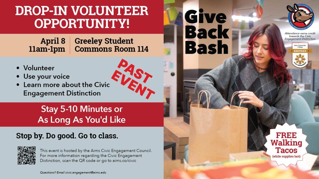 Marketing image for the 2026 Give Back Bash event featuring a student with pink hair loading food items into a brown paper bag.