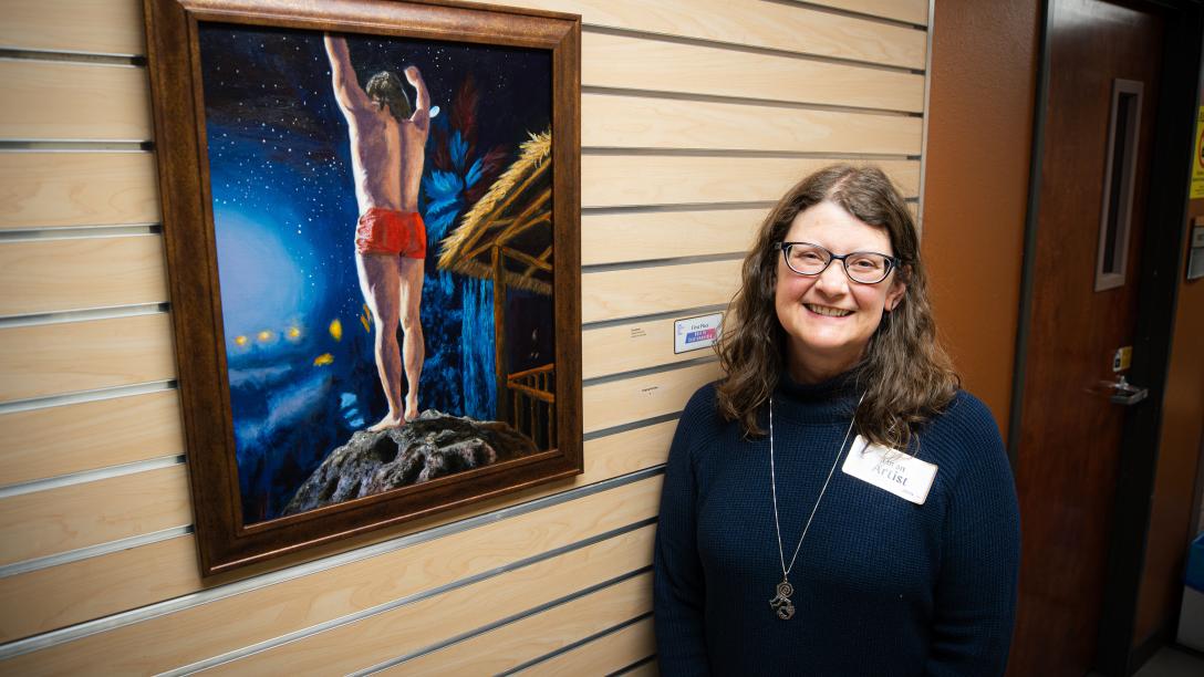 Gayle Goodrich with The Diver painting