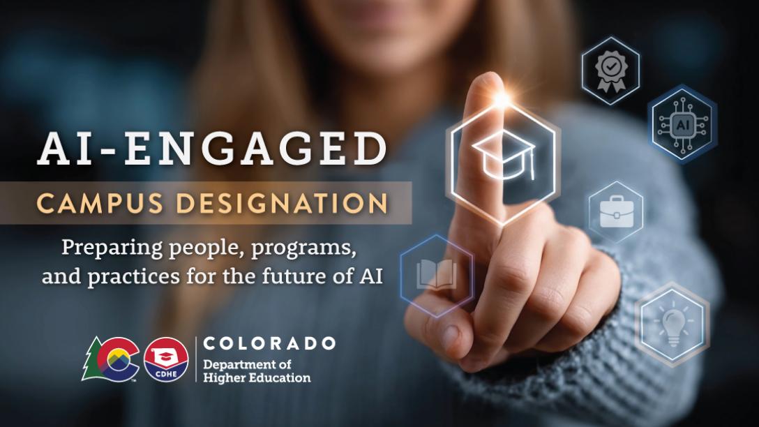 AI Engaged Campus person pointing to connect with screen