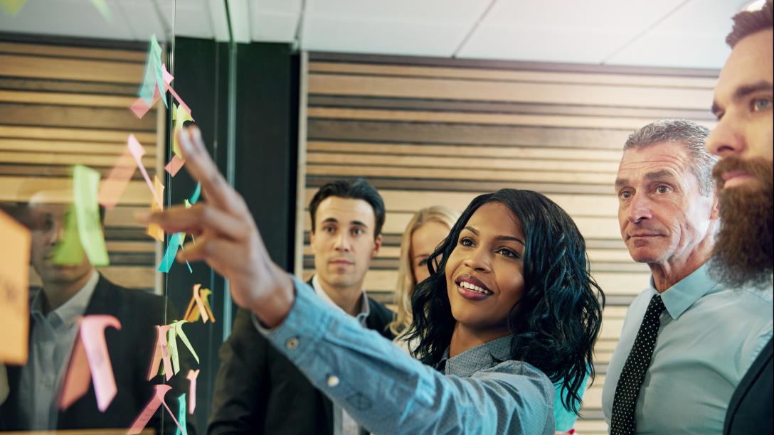 Woman explaining the plan to office team
