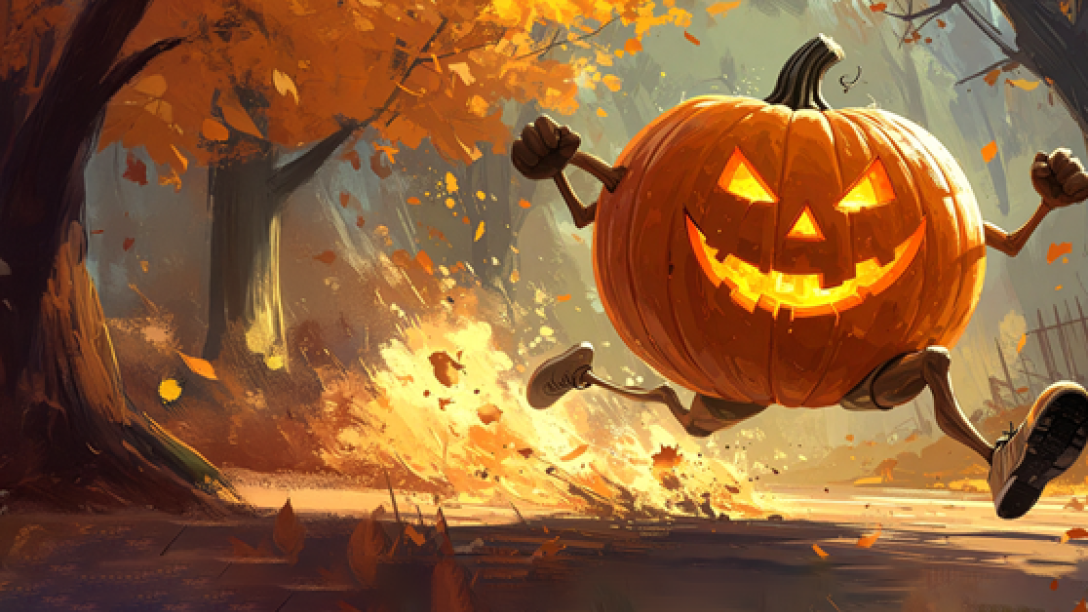 Jack o Latern graphic running through fall forest