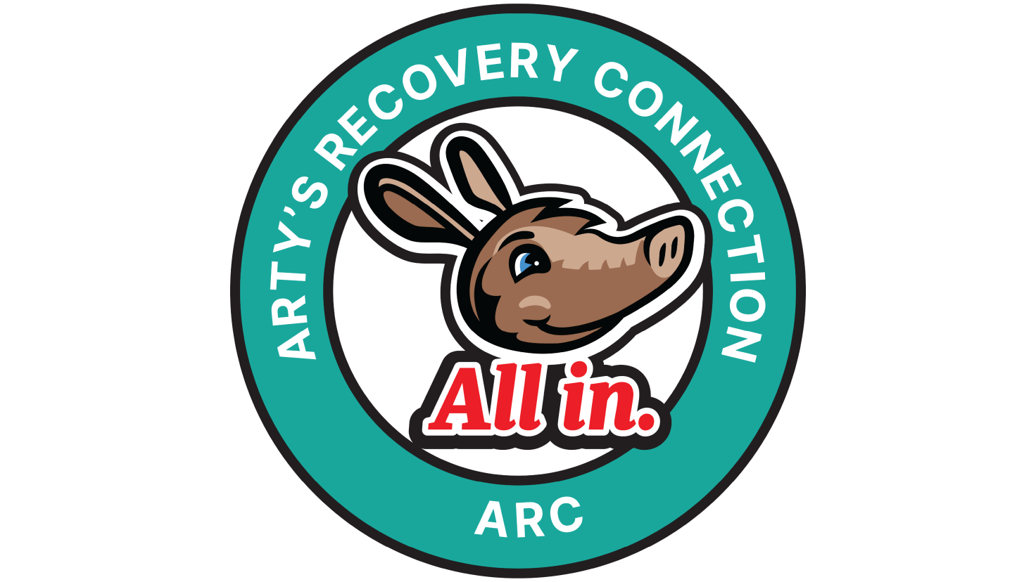 A drawn version of the Aims mascot Arty the Aardvark sits in the middle of the round logo. The text Arty's Recovery Connection encircles the mascot
