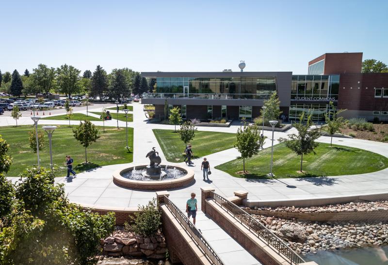 Drone shot of walkways at Aims around the fountain