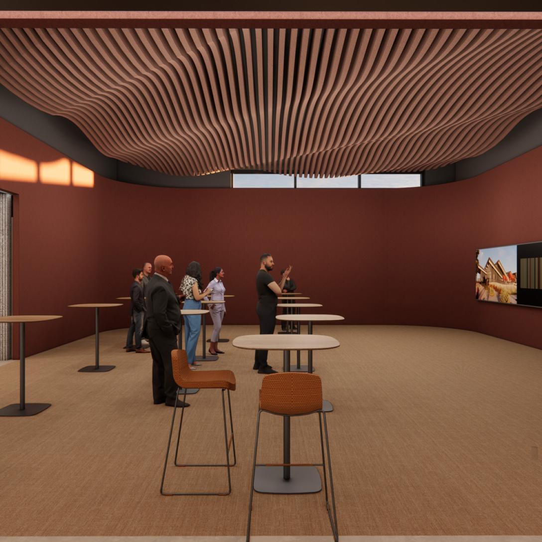 An interior rendering of a presentation room with solid rust-colored walls and a unique, wavy acoustic ceiling structure. Several round high-top tables with orange stools are scattered throughout, and people are looking toward a large digital display screen on the right wall.