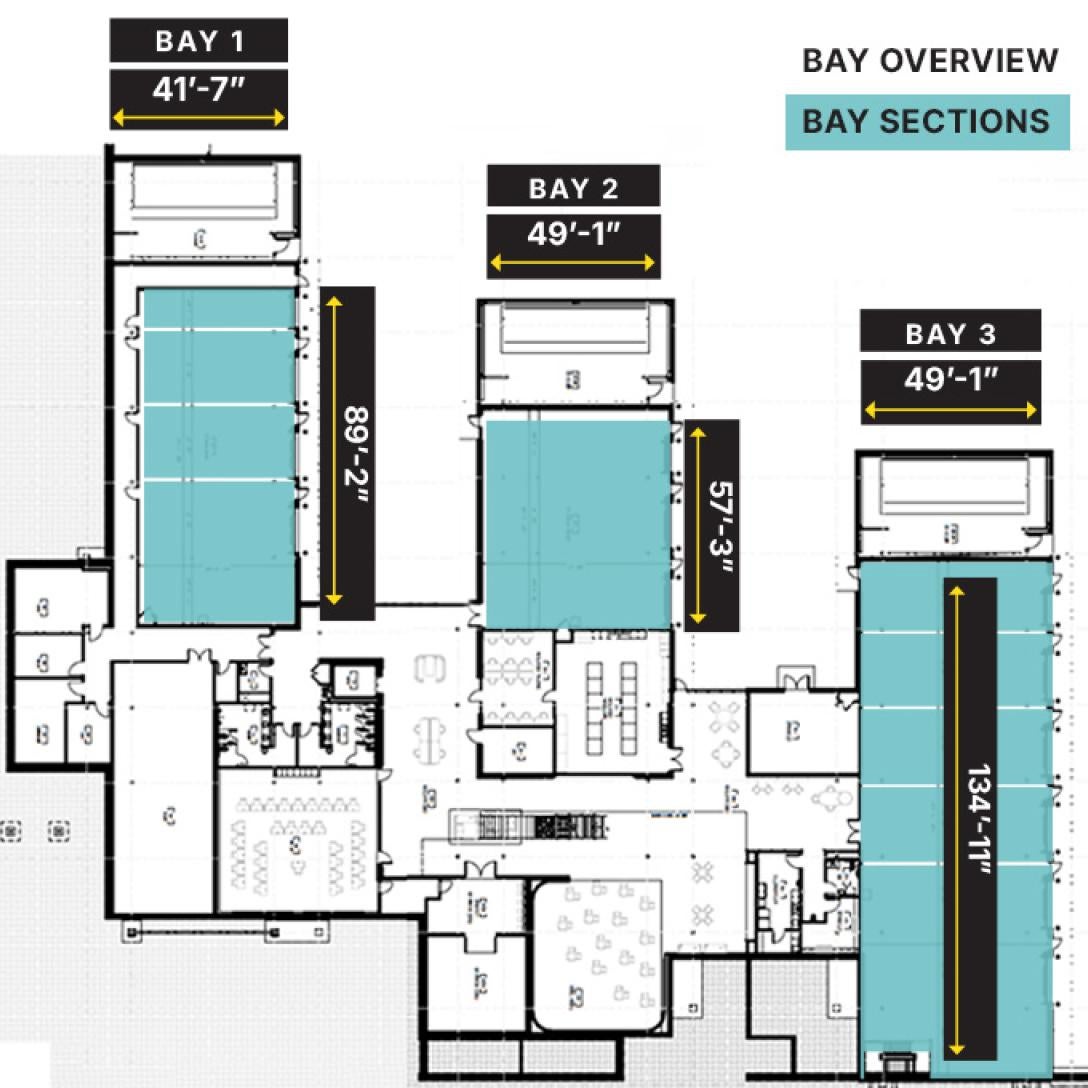 Birdseye view layout of the three bays showing dimesional size of each bay and their section.