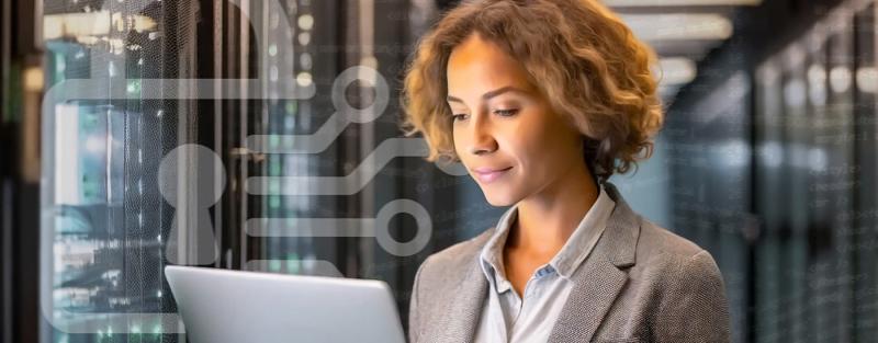 Woman holding tablet, looking at screen with abstract symbols behind her
