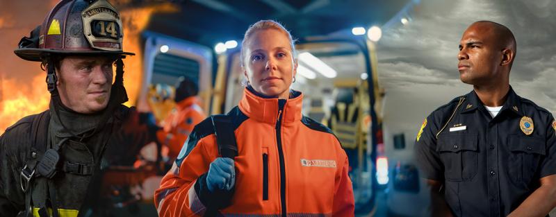 Photo illustration of a firefighter, EMS and Police Officer