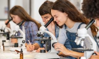 A group of biology students looking through microscopes in a lab class