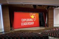 Aims Welcome Center Miller Auditorum with Exploring Leadership on the Screen