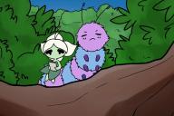 Animation artwork of two bugs sitting on a log