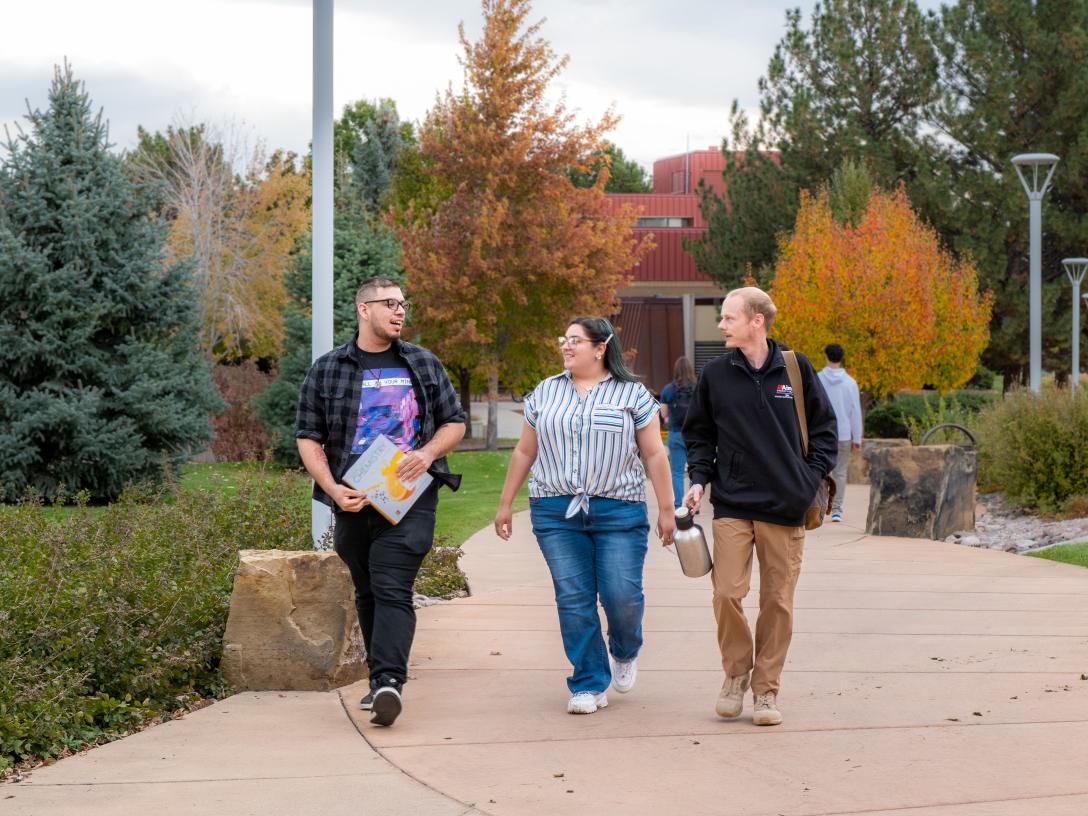 Three students chat with each other as they walk along a treelined path.
