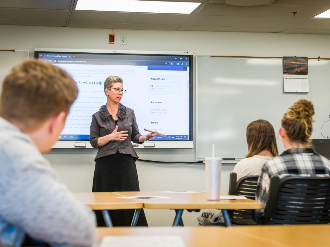 An Aims Career Services team member leading a classroom discussion