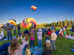 Crowd watching hot air balloons launching