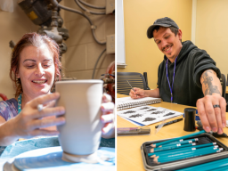 Woman creating pottery, man drawing, woman stretching