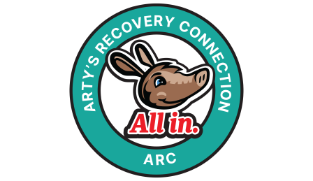 A drawn version of the Aims mascot Arty the Aardvark sits in the middle of the round logo. The text Arty's Recovery Connection encircles the mascot