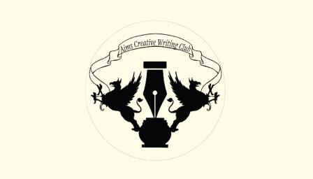 Aims creative writing logo with a pen silhouette in middle and two Phoenixes on both sides 