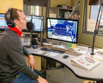 Two Aims radio production students use their skills and knowledge to DJ on-air in the professional radio station located in Ed Beaty Hall. 